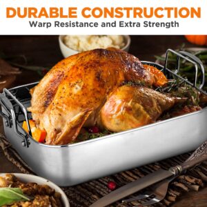 Roasting Pan with Polished Rack, Wide Handle, and Stainless Steel Lid, Turkey Chicken Roasting Pan Great for Thanksgiving Dinners, Tender Roast, Deep Dishes, and More