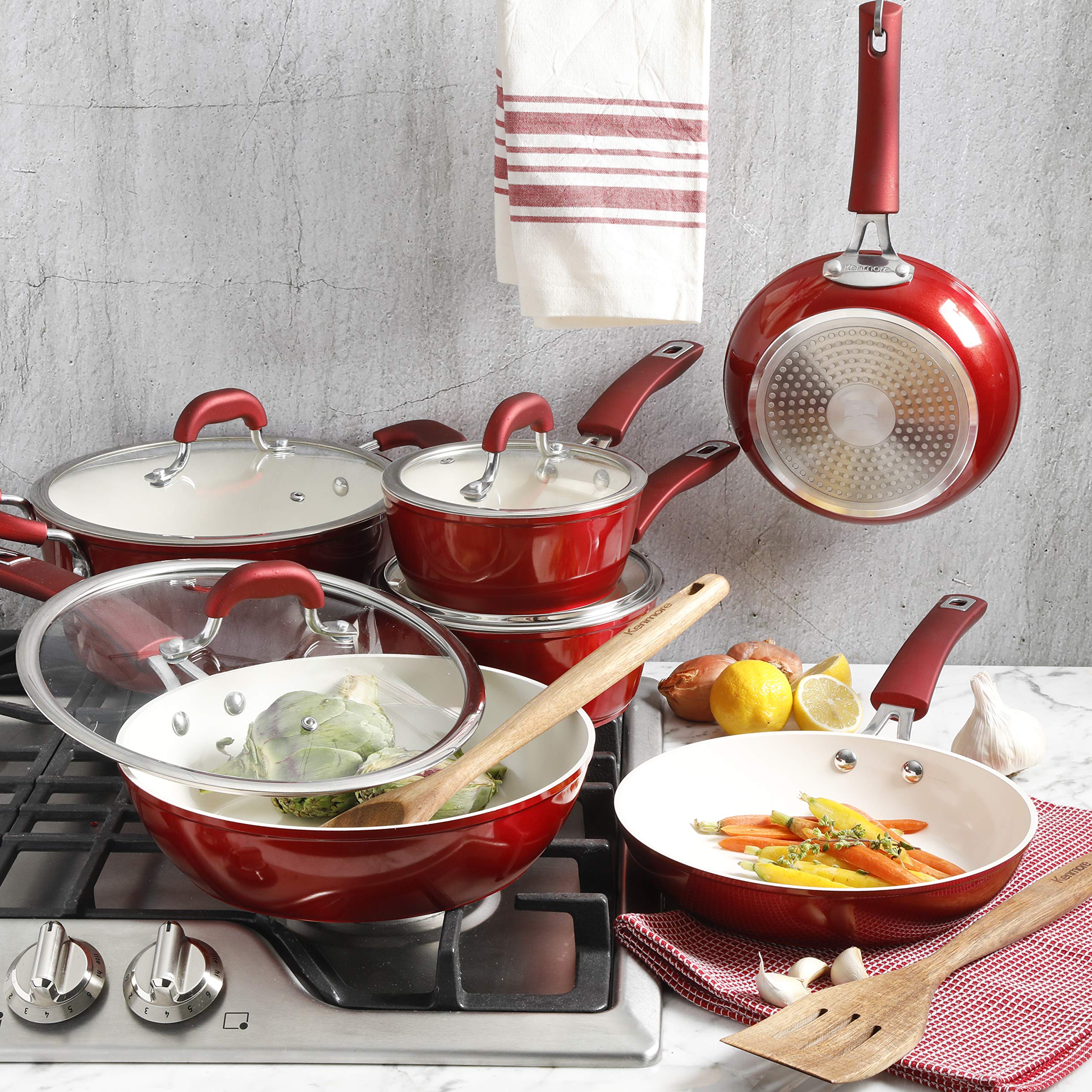 Kenmore Nonstick Ceramic Coated Forged Aluminum Induction Cookware, 2PC - Fry Pan Set, Metallic Red