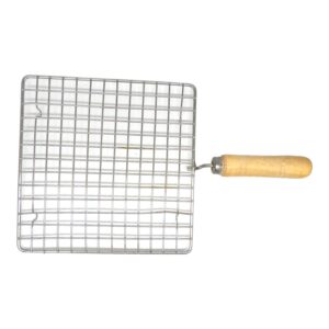 GD Stainless Steel Wire Roaster Papad Jali Roaster Grill Barbecue Grill Wooden Round Handle Square Roasting Net