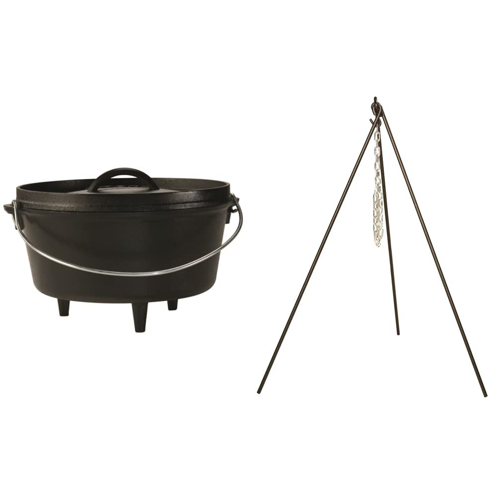 Lodge L10DCO3 Cast Iron Deep Camp Dutch Oven (5-Quart) and Lodge 3TP2 Camp Dutch Oven Tripod (43.5-Inch, Black)