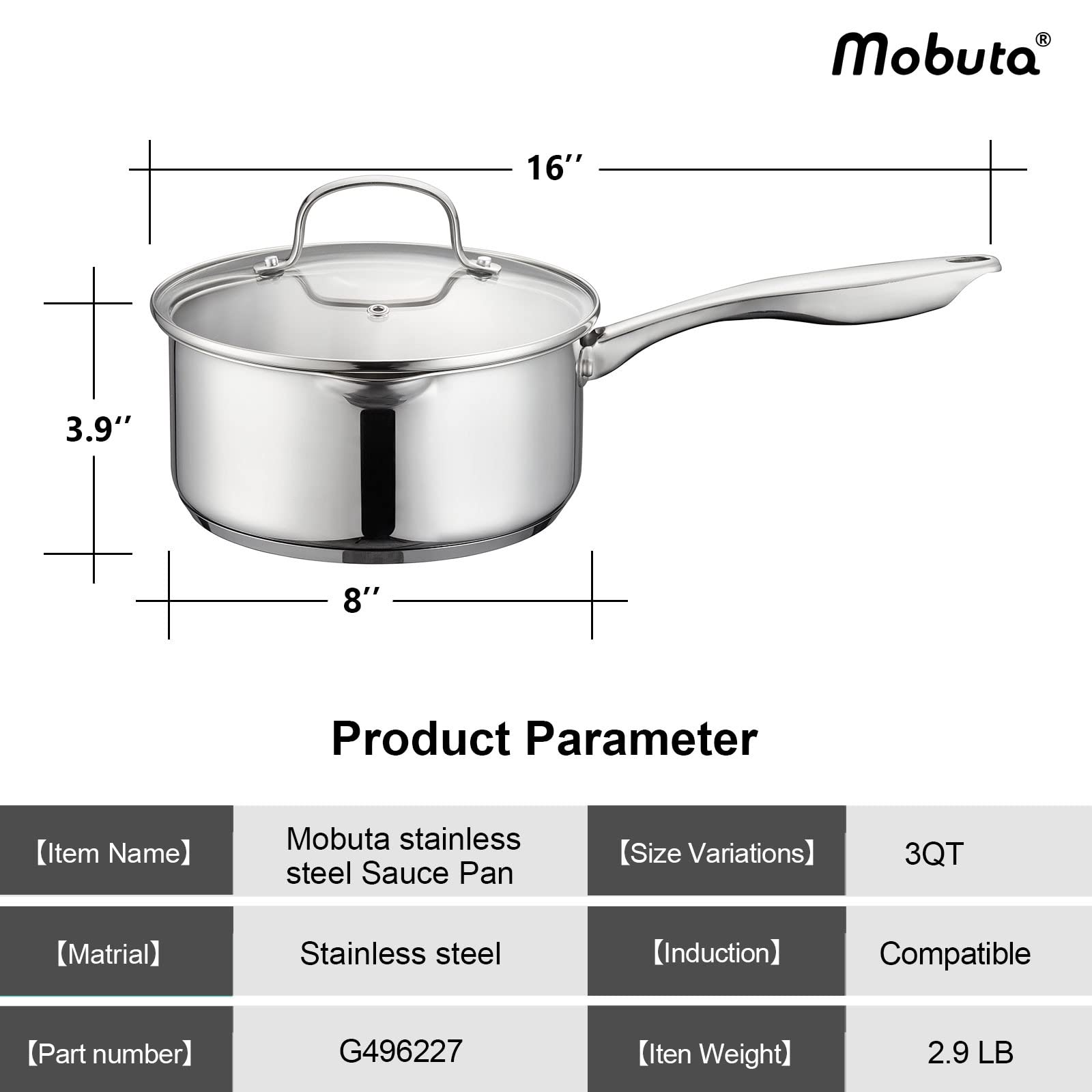 MOBUTA Stainless Steel Saucepan with Glass Lid, 3 Quart Sauce Pan with Glass Lid, Induction Ready, Dishwasher Safe