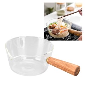 Noodle Pot Clear Glass Pot Milk Pan With Wooden Handle Borosilicate Glass Nonstick Saucepan Glass Measuring Cups Frothing Pitcher for Kitchen Restaurant Glass Pan(400ml)