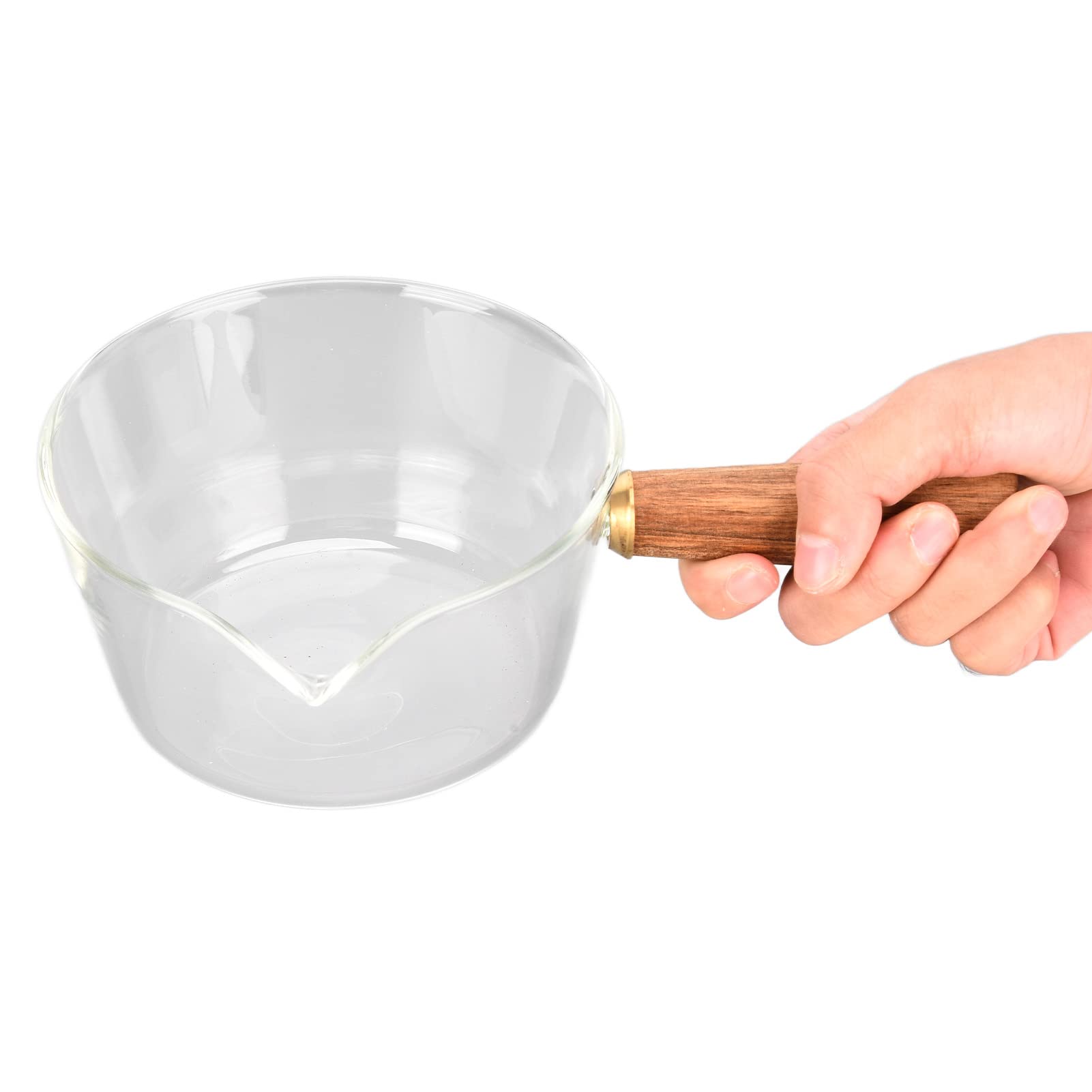 Noodle Pot Clear Glass Pot Milk Pan With Wooden Handle Borosilicate Glass Nonstick Saucepan Glass Measuring Cups Frothing Pitcher for Kitchen Restaurant Glass Pan(400ml)