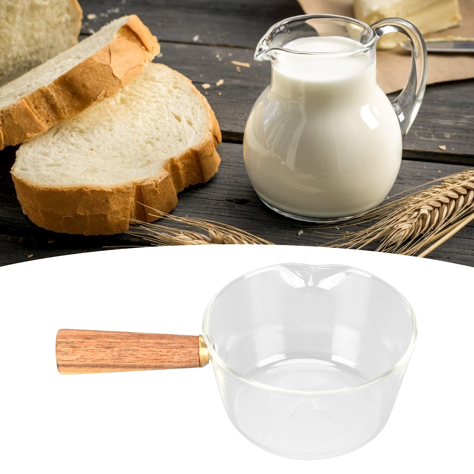 Noodle Pot Clear Glass Pot Milk Pan With Wooden Handle Borosilicate Glass Nonstick Saucepan Glass Measuring Cups Frothing Pitcher for Kitchen Restaurant Glass Pan(400ml)