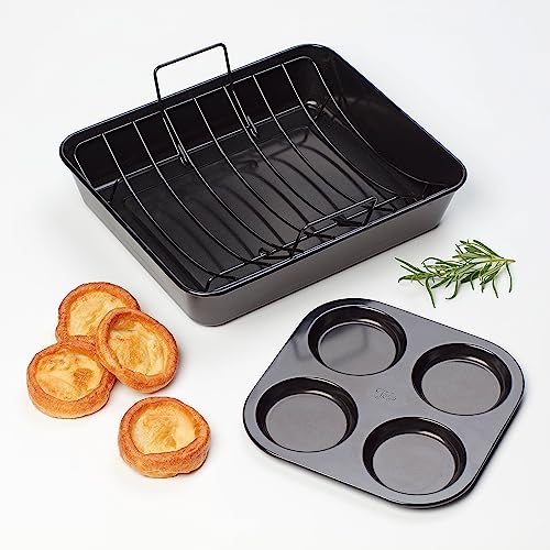 Tala Performance Extra Large Roaster with Rack and Free Large Yorkshire Pan, Professional Gauge Carbon Steel with Whitford Eclipse Non-Stick Coating, Cooking and Roasting, Black, 10A31389