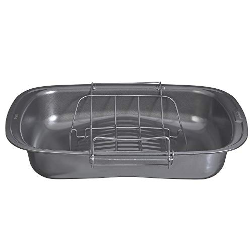 Goodcook Quick Roaster Pan and locking rack, with juice gathering pools for easier, safer, faster basting, 17x12x3 inches, Grey