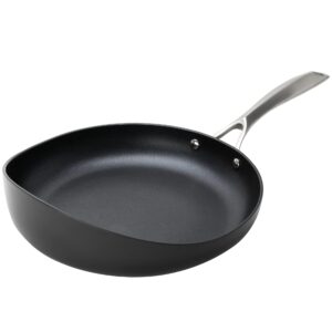 10” radical pan: nonstick frying & saute pan, skillet, with stainless steel handle, for gas, induction, electric cooktops, hard-anodized, dishwasher safe. oven safe, sgs & nsf certified. pfoa-free