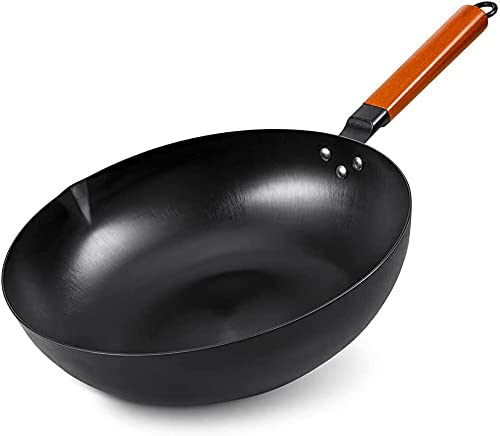 Natural Carbon Steel Wok Pan 12.5”, No Nonstick Coating Woks and Stir Fry Pans, 100% No Chemical Traditional Chinese Iron Pot with Wooden Handle, Flat Bottom for Seasoning All Stoves -Black Steel Wok