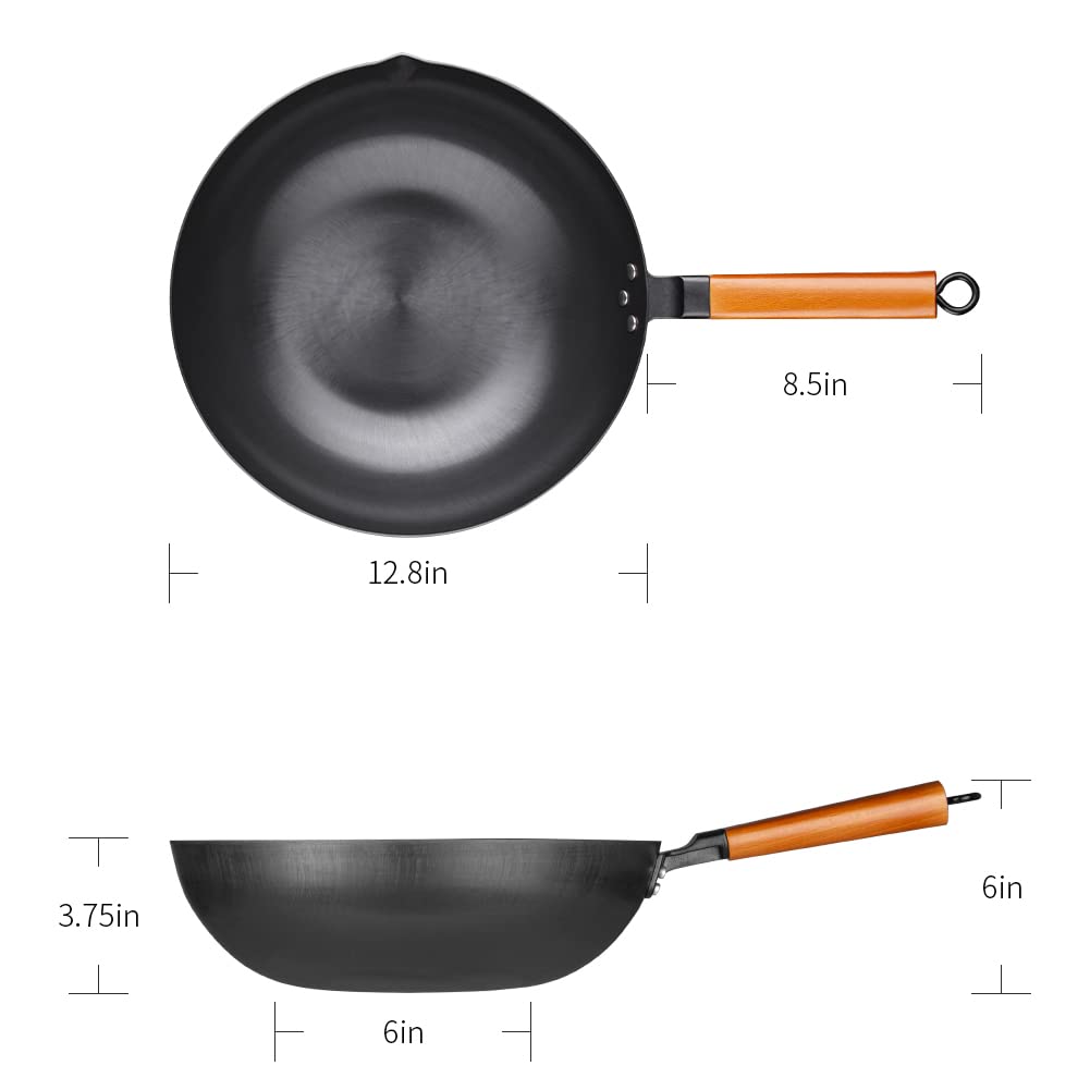Natural Carbon Steel Wok Pan 12.5”, No Nonstick Coating Woks and Stir Fry Pans, 100% No Chemical Traditional Chinese Iron Pot with Wooden Handle, Flat Bottom for Seasoning All Stoves -Black Steel Wok