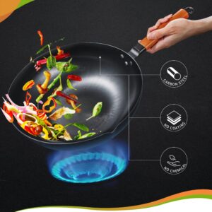 Natural Carbon Steel Wok Pan 12.5”, No Nonstick Coating Woks and Stir Fry Pans, 100% No Chemical Traditional Chinese Iron Pot with Wooden Handle, Flat Bottom for Seasoning All Stoves -Black Steel Wok