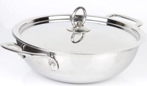 triply stainless steel kadai with steel lid | everyday pan, stir fry pan with triply base, saute chef’s pan with glass lid, multipurpose stewpot skillet, diameter: 24 cm, capacity: 2.5 l (2.64 quart)