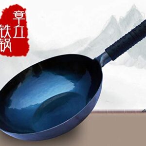 Bingmao Chinese Hand Hammered Iron Wok and Stir Fry Pans,Non-stick,No Coating,Less Oil,Flat Bottom Induction Suitable (34CM/13.4 inch DIAMETER)