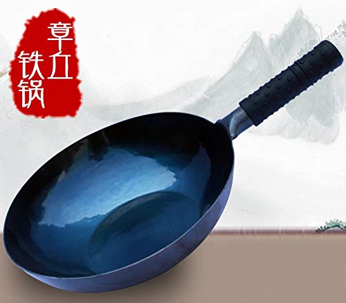 Bingmao Chinese Hand Hammered Iron Wok and Stir Fry Pans,Non-stick,No Coating,Less Oil,Flat Bottom Induction Suitable (34CM/13.4 inch DIAMETER)