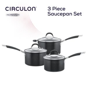 Circulon Non Stick Saucepan Set of 3 – Saucepans for Induction Hobs 16, 18 & 20cm with Toughened Glass Lids & Soft Grip Handles, Dishwasher Safe Pan Set, Black