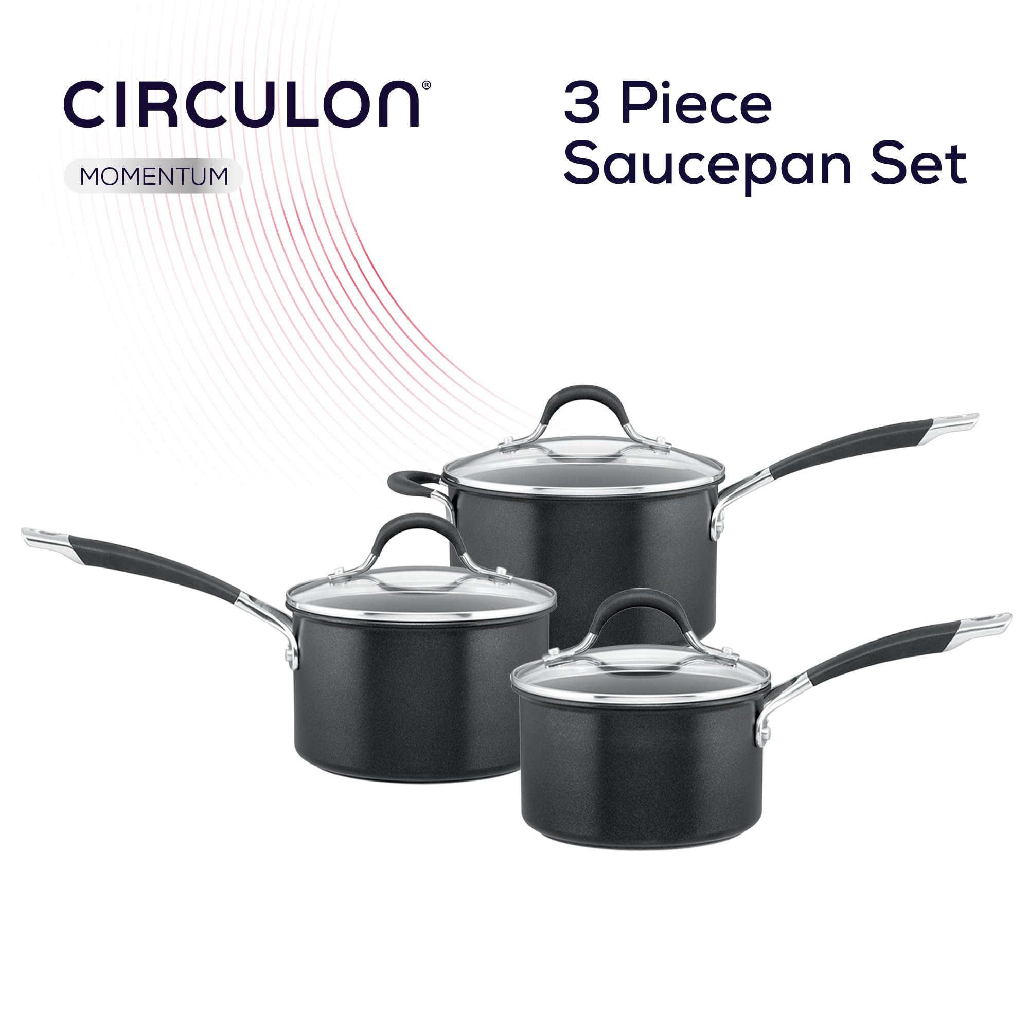 Circulon Non Stick Saucepan Set of 3 – Saucepans for Induction Hobs 16, 18 & 20cm with Toughened Glass Lids & Soft Grip Handles, Dishwasher Safe Pan Set, Black