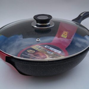 M.V. Trading Ceramic Marble Coated Cast Aluminium Non Stick Stir Fry Wok With Glass Lid, 32 cm