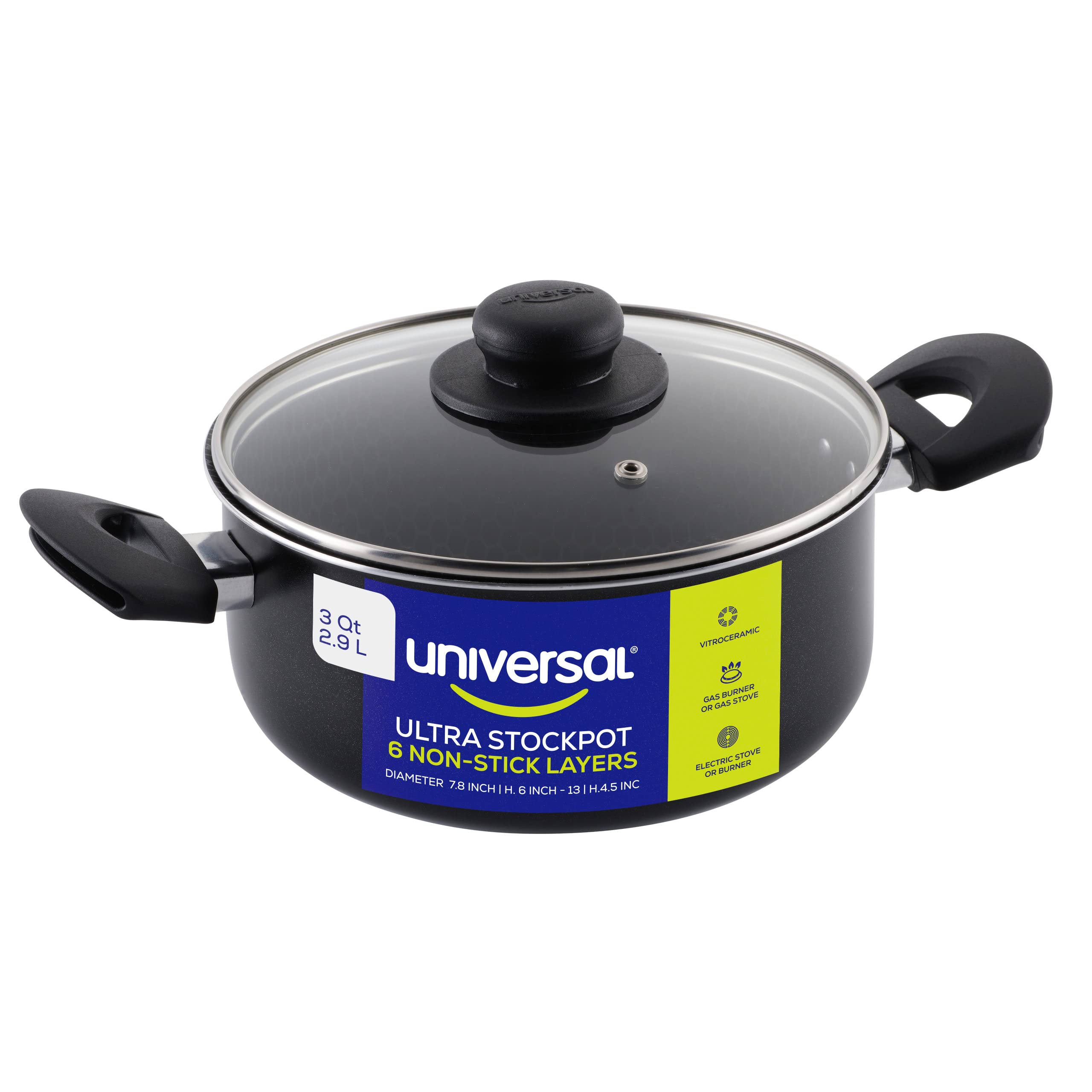 Universal Nonstick Ultra Stockpot 3 Qt / 2.9 L With Glass Lid, Aluminum Nonstick Pot, Boiling Pot, Stockpot with Lid For Pasta, Meat, Vegetables, Even Heat Distribution, Ergonomic Handles