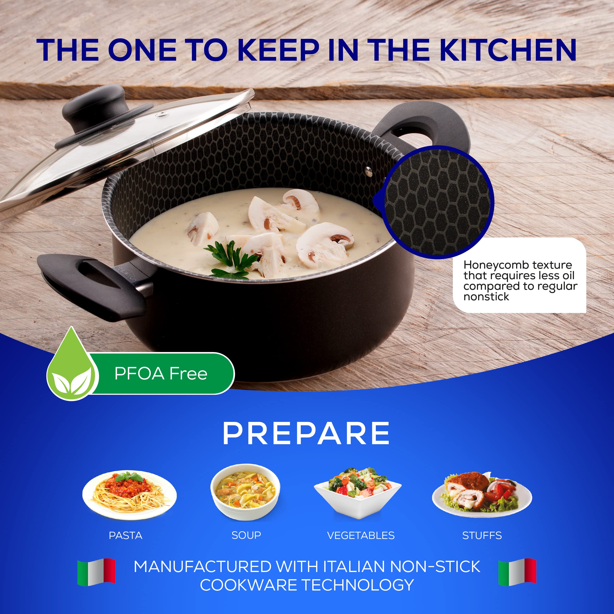 Universal Nonstick Ultra Stockpot 3 Qt / 2.9 L With Glass Lid, Aluminum Nonstick Pot, Boiling Pot, Stockpot with Lid For Pasta, Meat, Vegetables, Even Heat Distribution, Ergonomic Handles