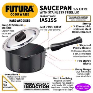 Hawkins Futura Hard Anodised Induction Compatible Saucepan with Stainless Steel Lid, Capacity 1.5 Litre, Diameter 16 cm, Thickness 3.25 mm, Black (IAS15S)