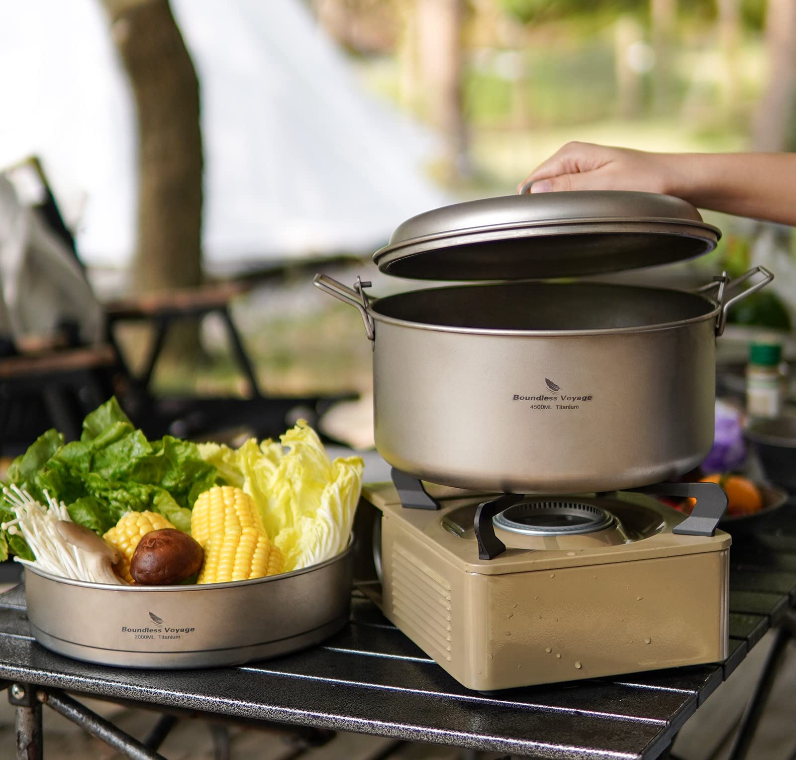 Boundless Voyage Titanium 4.5L Hanging Pot with Steaming Rack Folding Handle Outdoor Camping Cooking Stockpot Steamer Set (4.5L Pot)