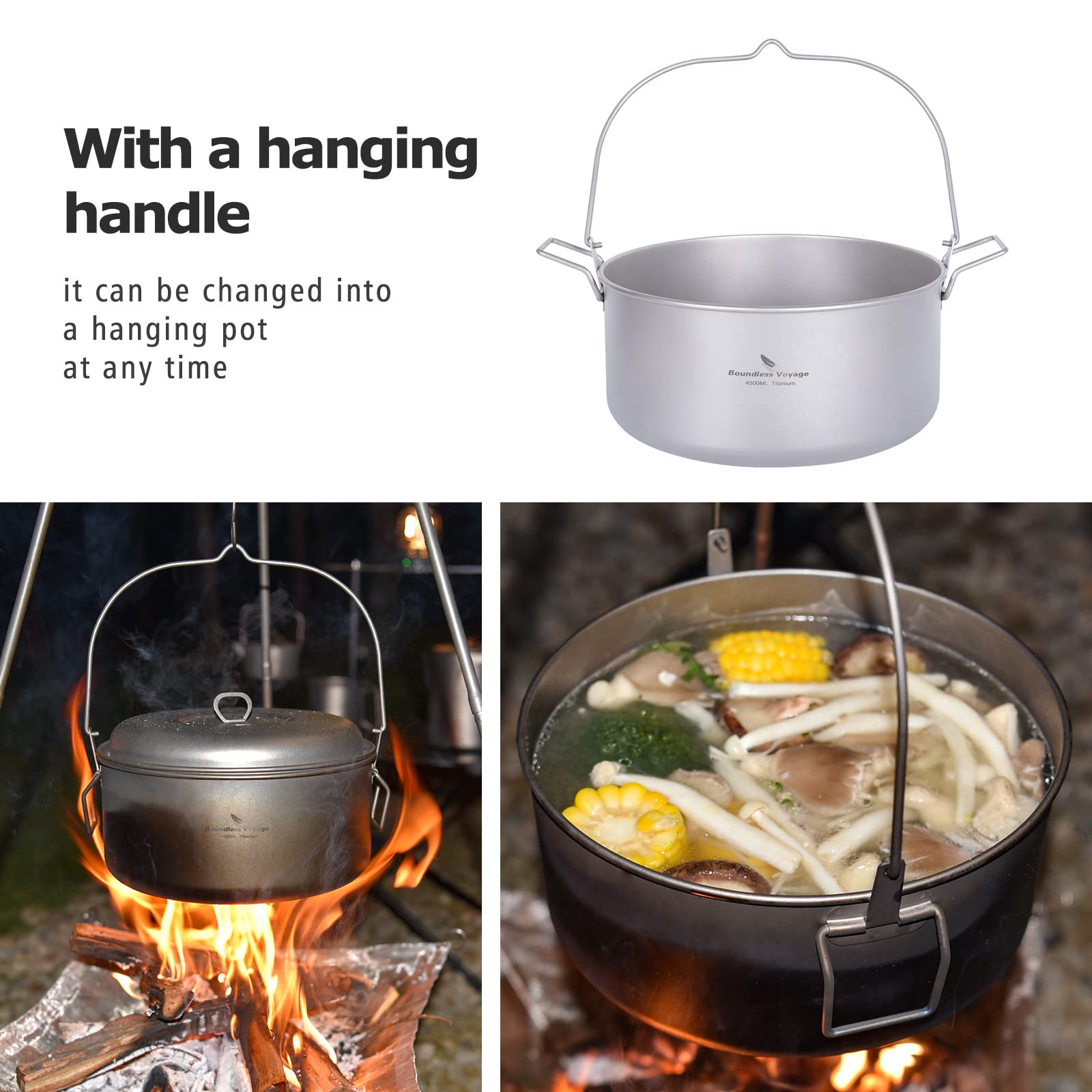 Boundless Voyage Titanium 4.5L Hanging Pot with Steaming Rack Folding Handle Outdoor Camping Cooking Stockpot Steamer Set (4.5L Pot)