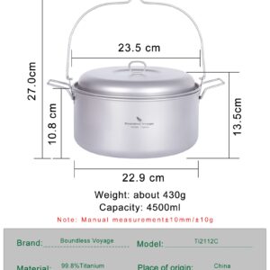 Boundless Voyage Titanium 4.5L Hanging Pot with Steaming Rack Folding Handle Outdoor Camping Cooking Stockpot Steamer Set (4.5L Pot)