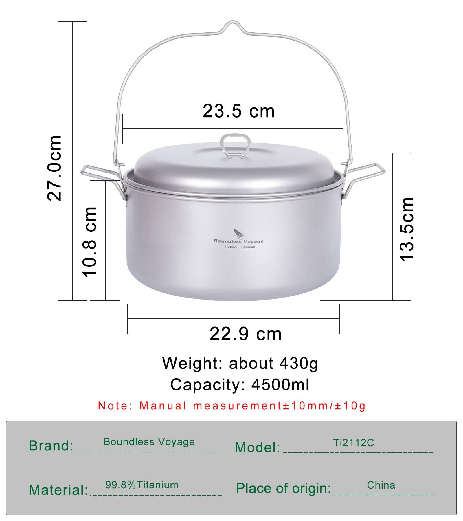 Boundless Voyage Titanium 4.5L Hanging Pot with Steaming Rack Folding Handle Outdoor Camping Cooking Stockpot Steamer Set (4.5L Pot)