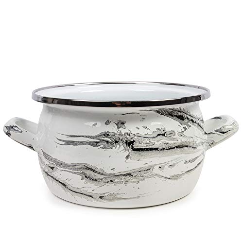 Enamel Stock Pot Shake White and Black Enamelware Pot Enamel Cooking Pot with Glass Lid (5.3-qt. (5 L))