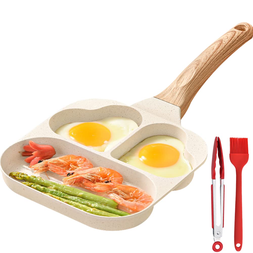 Pearlead Nonstick Egg Frying Pan Heart Shaped Fried Egg Cooker Pan 3 Section Pancake Pan Omelette Pan Breakfast Pan Egg Skillet Pan for Kitchen Use with Basting Brush and Cooking Tong