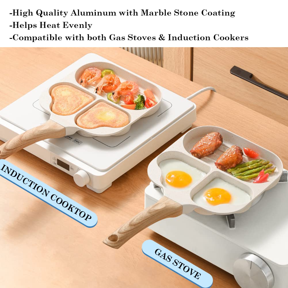 Pearlead Nonstick Egg Frying Pan Heart Shaped Fried Egg Cooker Pan 3 Section Pancake Pan Omelette Pan Breakfast Pan Egg Skillet Pan for Kitchen Use with Basting Brush and Cooking Tong