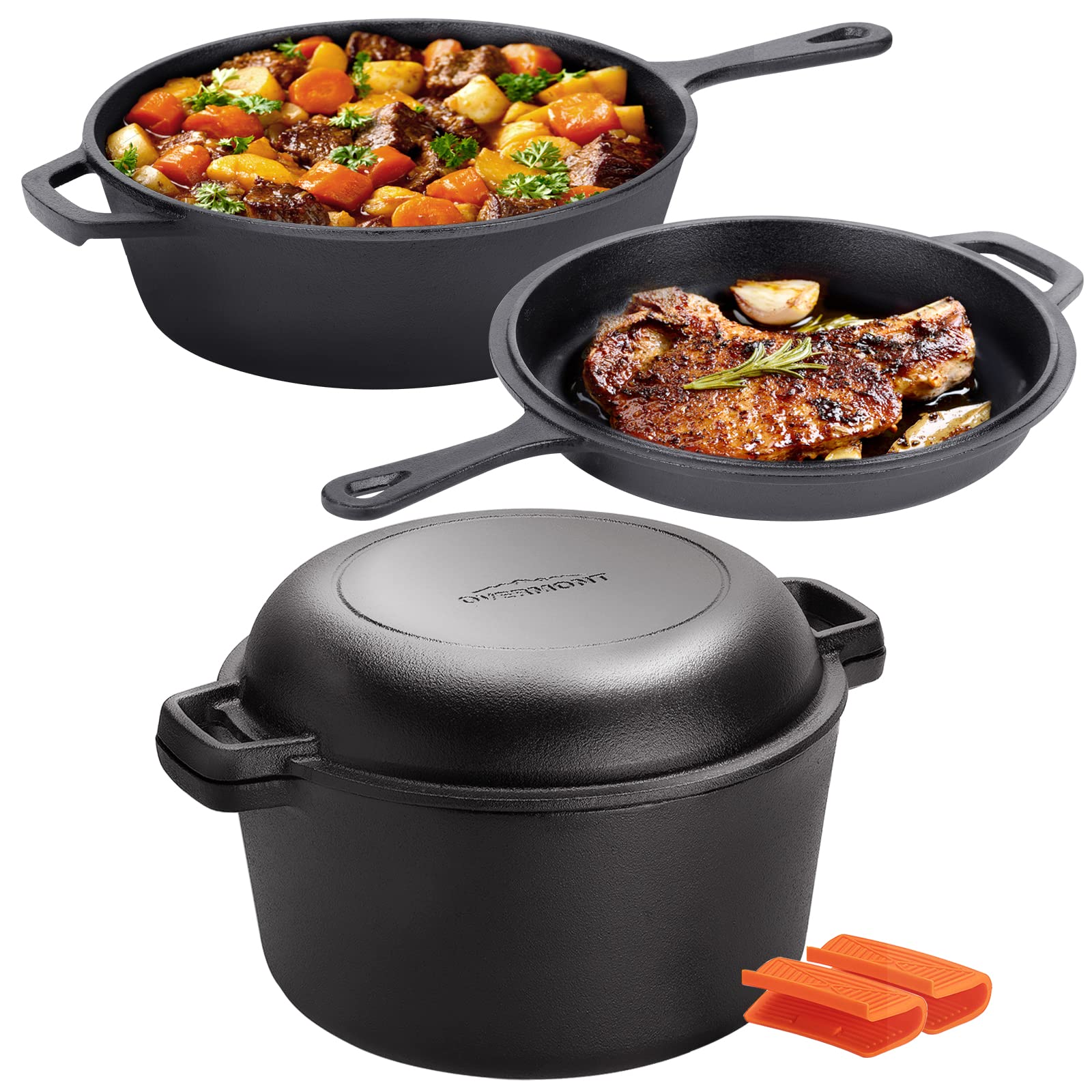 Overmont 3.2qt Cast Iron Skillets + 5qt Dutch Oven Bundle