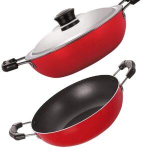 Non-Stick Coating Kadai / Fry Pan with Steel Lid 2.6 mm(Red) ,Valentine Day Gifts