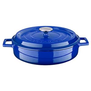 lava 3.7 quart enameled cast iron braiser: multipurpose stylish blue round dutch oven pot with glossy sand-colored three layers of enamel coated interior and trendy lid