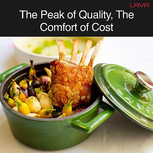 LAVA 3.7 Quart Enameled Cast Iron Braiser: Multipurpose Stylish Blue Round Dutch Oven Pot with Glossy Sand-Colored Three Layers of Enamel Coated Interior and Trendy Lid