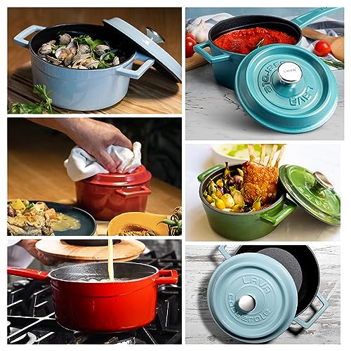 LAVA 3.7 Quart Enameled Cast Iron Braiser: Multipurpose Stylish Blue Round Dutch Oven Pot with Glossy Sand-Colored Three Layers of Enamel Coated Interior and Trendy Lid