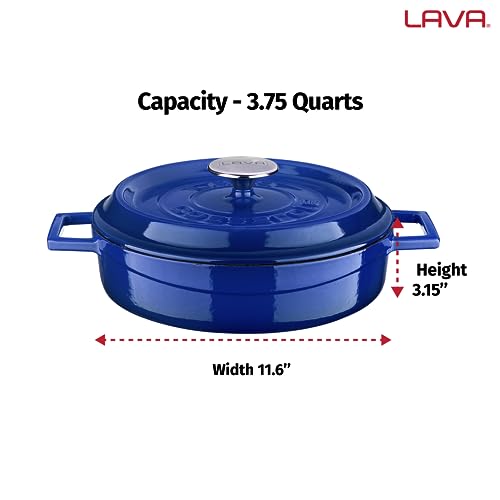 LAVA 3.7 Quart Enameled Cast Iron Braiser: Multipurpose Stylish Blue Round Dutch Oven Pot with Glossy Sand-Colored Three Layers of Enamel Coated Interior and Trendy Lid
