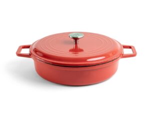 misen enameled cast iron braiser pan with lid - shallow depth for braising & poaching - durable cookware - oven safe - easy handling - chip-resistant enamel - multi-purpose cooking - red