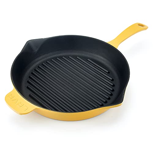 Lava Enameled Cast Iron Steak Grill Pan with Side Drip Spouts - 12 inch Round, Oven Safe Cast Iron Cookware, Skillet Frying Pan - Edition Series (Yellow)