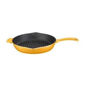 Lava Enameled Cast Iron Steak Grill Pan with Side Drip Spouts - 12 inch Round, Oven Safe Cast Iron Cookware, Skillet Frying Pan - Edition Series (Yellow)