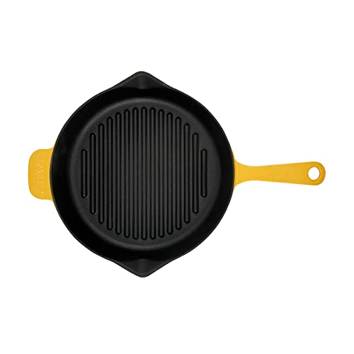 Lava Enameled Cast Iron Steak Grill Pan with Side Drip Spouts - 12 inch Round, Oven Safe Cast Iron Cookware, Skillet Frying Pan - Edition Series (Yellow)