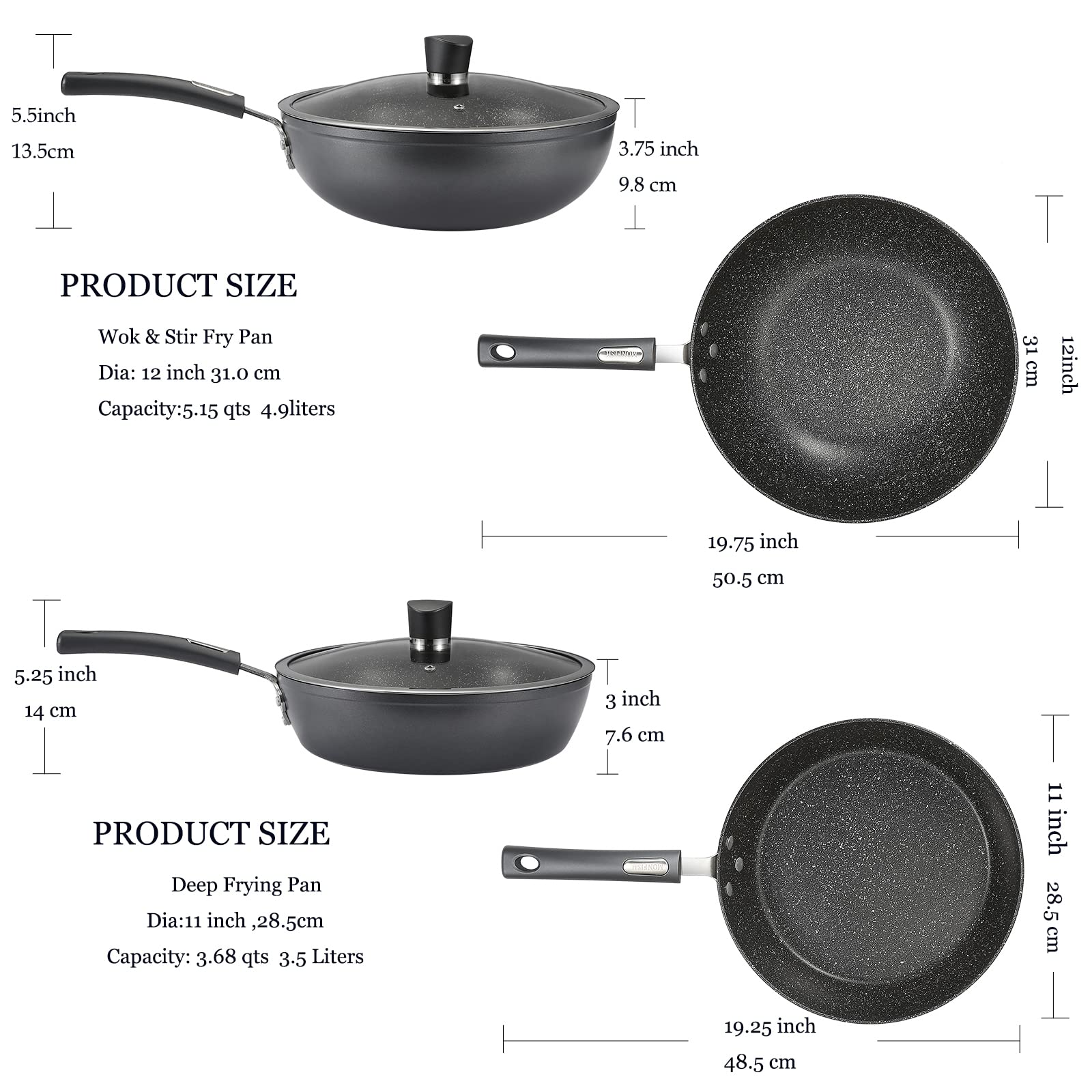 Monfish Deep Frying & Wok Pan Set 12 inch wok & stir fry pan w lid,11 inch skillet frying pan w lid Non Stick Granite Stone Finish Mother Day