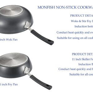 Monfish Deep Frying & Wok Pan Set 12 inch wok & stir fry pan w lid,11 inch skillet frying pan w lid Non Stick Granite Stone Finish Mother Day