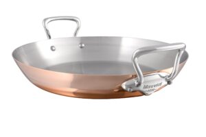 mauviel m'150 s 1.5mm polished copper & stainless steel paella pan with cast stainless steel handles, 13.8-in, made in france