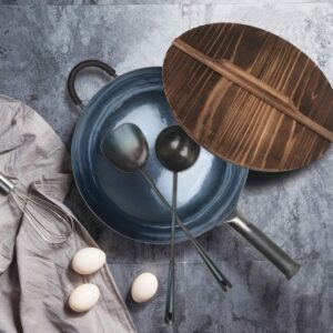 臻三环 zhensanhuan handhammered iron wok set, 36cm round bottom iron handle wok with a helper handle, wood lid, iron utensil set, wok shelf