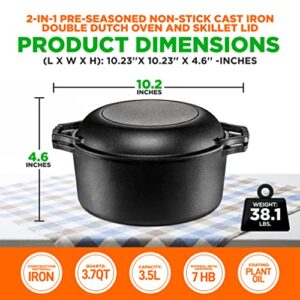 NutriChef Cast Iron Multi Cooker - Pre-Seasoned Non-Stick Double Dutch Oven Stovetop Casserole Cookware Braising Pot and Skillet Lid with Handle- For Oven, Stove, Grill, Over a Campfire Cooking