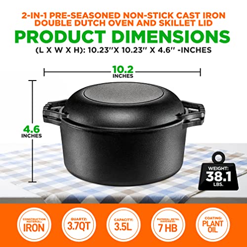 NutriChef Cast Iron Multi Cooker - Pre-Seasoned Non-Stick Double Dutch Oven Stovetop Casserole Cookware Braising Pot and Skillet Lid with Handle- For Oven, Stove, Grill, Over a Campfire Cooking