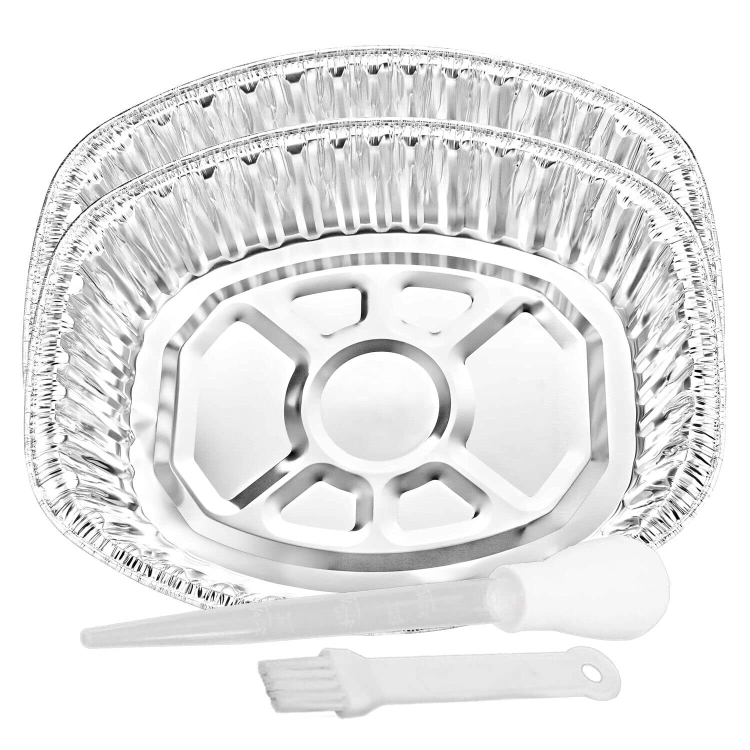 Nicole Fantini Extra Large Heavyduty Disposable Durable Turkey Roaster Aluminum Pans, Oval Shape for Chicken, Meat, Brisket, Roasting, Baking, Recyclable ALONG WITH ONE FREE 3PCS BASTING SET: 2 Pans