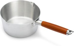 bene casa - aluminum double spout saucepan with natural wooden handle (13" x 3.5" - 2 quart) - handle includes hanging loop for simple storage - dishwasher safe