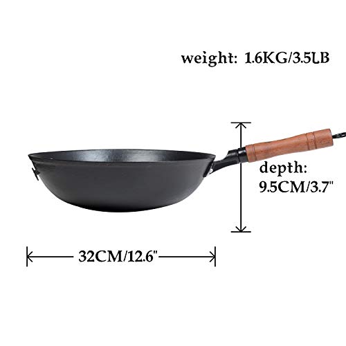 臻三环 ZhenSanHuan Cast Iron Woks and Stir Fry Pans, No Coating, Induction Suitable, Flat Bottom (32CM/12.6in)