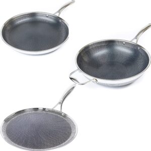 hexclad 3 piece hybrid stainless steel cookware set - 12 inch fry pan, 12 inch griddle skillet, 12 inch wok - stay-cool handle - dishwasher safe, non stick, works on induction, gas, & electric stove